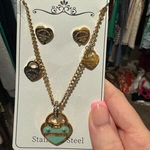 Gold-Tone Heart Pendant Necklace and Earring Set - Mint Accent